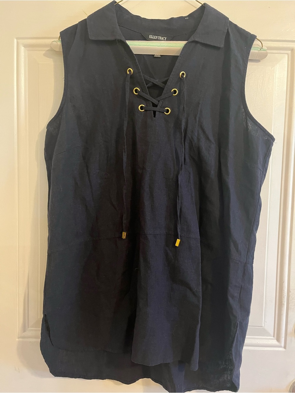 Ellen Tracy Navy Lace-Up Sleeveless Tunic Top